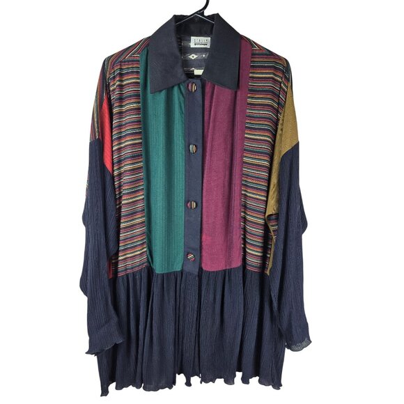 Vintage Staley Gretzinger Striped Button-Up Pleated Tunic Top Art to Wear 1X/2X - Picture 1 of 6